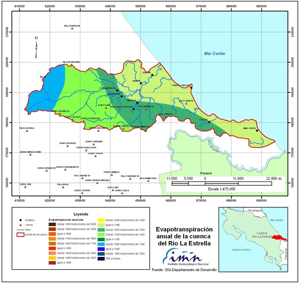 Fuente: Atlas Climatológico de Costa Rica. IMN, 2009 Figura 12. Isolíneas de evapotranspiración 4.