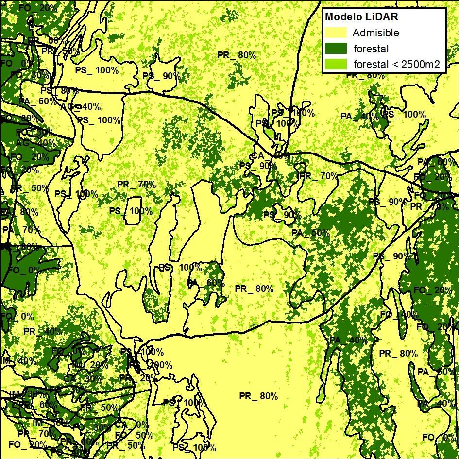 MODELO DE ADMISIBILIDAD DE PASTOS 2014 En verde claro las masas forestales de menos de 2500m 2, que se eliminarían en caso de aplicar el filtro definido en el modelo del