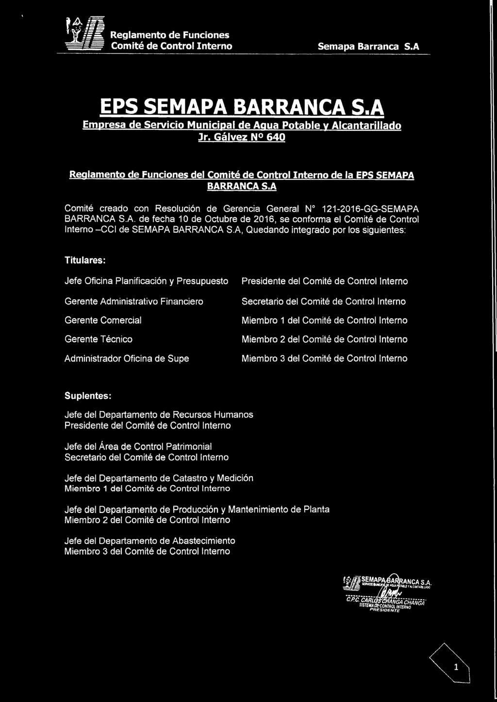fsk Reglamento de Funciones Comité de Control Interno EPS SEMAPA BARRANCA S.A Empresa de Servicio Municipal de Agua Potable v Alcantarillado 3r.
