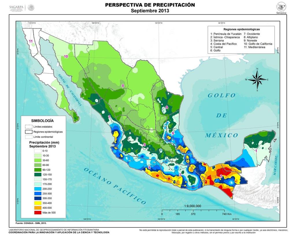 PRECIPITACIÓN ACUMULADA EN LA REPÚBLICA MEXICANA, SEPTIEMBRE DEL 2013 Figura 3. Perspectiva de la precipitación acumulada a nivel nacional.