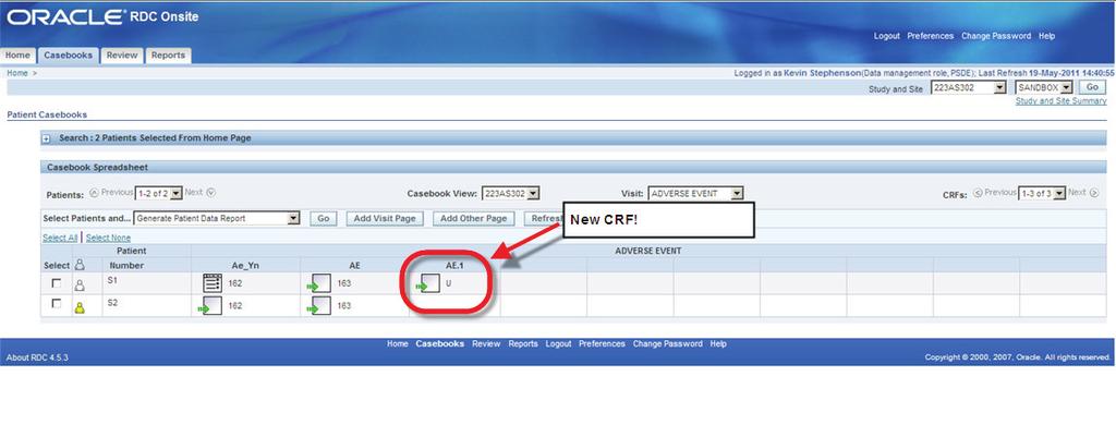 CRF nuevo. Haga clic en el botón Refresh (Actualizar) para ver el ícono de página de visita adicional o no planificada.