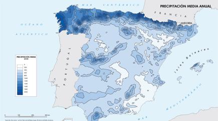 La lluvia está desigualmente repartida en el espacio y en el tiempo A Coruña: 1001 mm/año Madrid: 436 m/año Almería: 196 mm/año Precipitación y temperatura medias