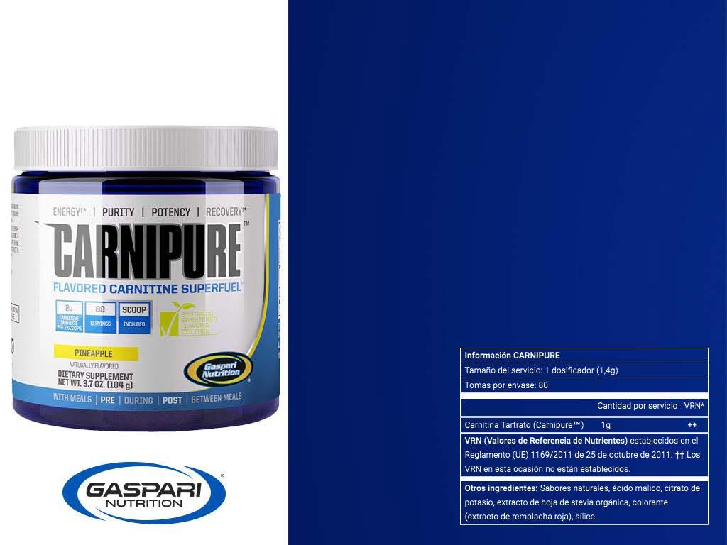 CARNIPURE FLAVORED CARNITINE SUPERFUEL Carnipure de Gaspari Nutrition aporta una dosis óptima de L-carnitina tartrato (1,4g por servicio).