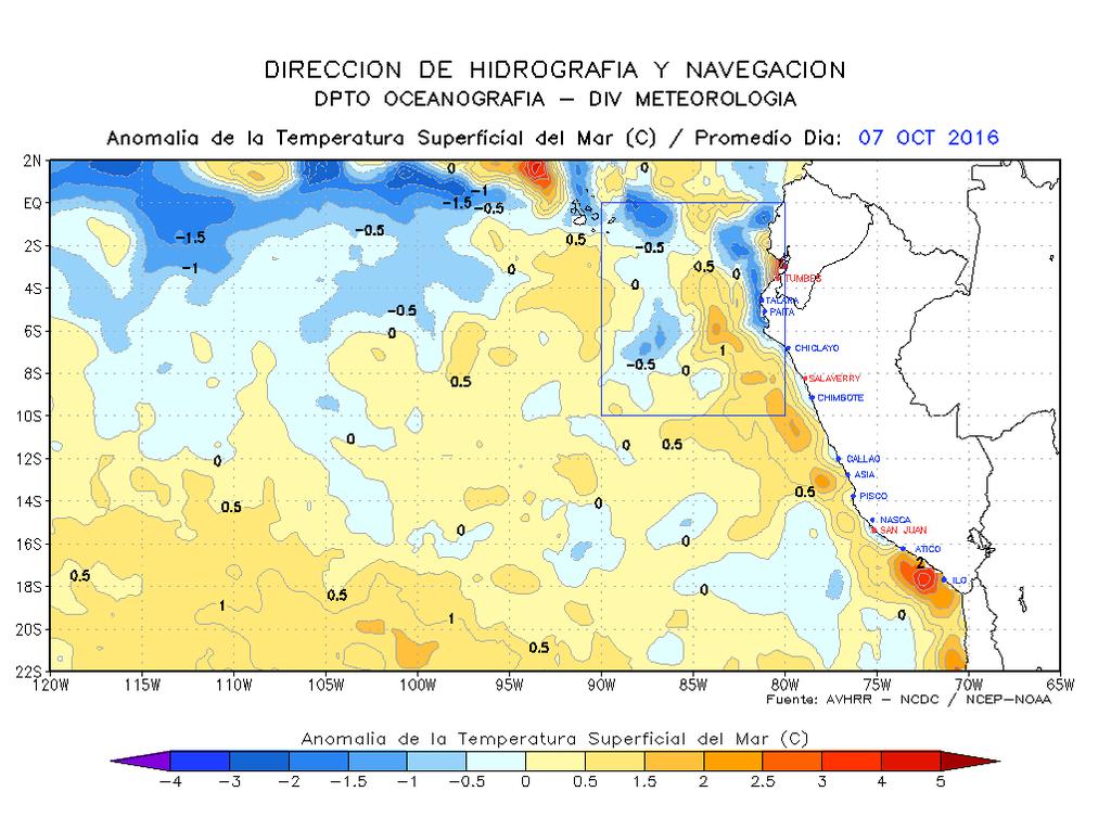 5 C, excepto en el área del mar peruano donde la temperatura presenta en promedio anomalías de +1 C.