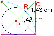 Si se mide el ángulo formado por el segmento interior que contiene a P y el lado del cuadrado que contiene a P, puede verificarse que a medida que los círculos se acercan a la posición de tangencia,
