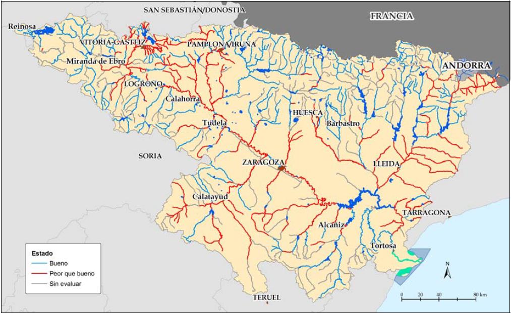 Figura 20. Estado de las masas de agua superficial categoría río en la Demarcación Hidrográfica del Ebro. ARPSIs costeras. Masas de agua superficiales.