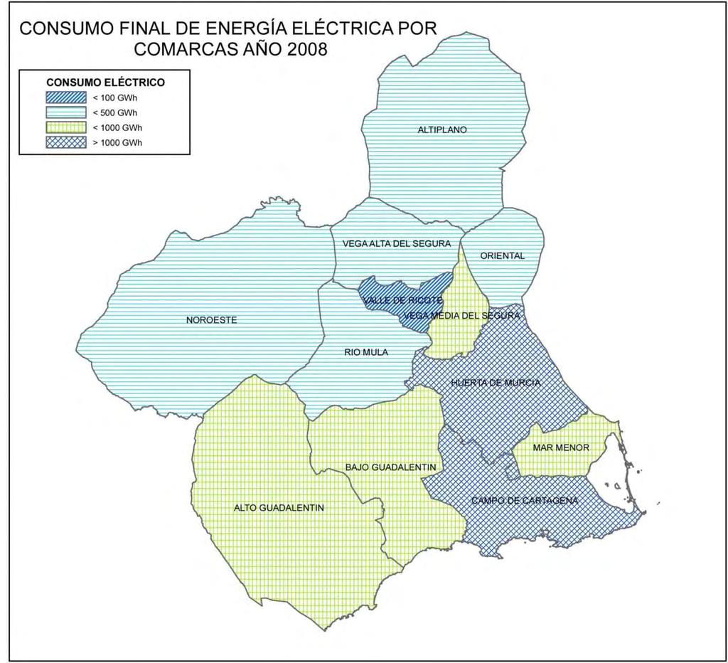Reseñar que el municipio de mayor consumo en la Región en 2008 ha sido Murcia, seguido de Cartagena, Lorca y Molina de Segura, destacando en segundo término, San Pedro del Pinatar, Torre Pacheco,