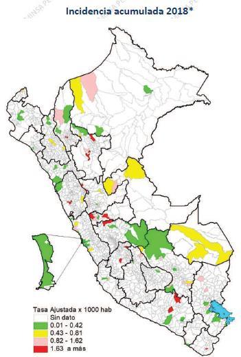 The highest rates were reported in the Eastern (Madre de Dios) and Northern/Northwestern (Arequipa, Ucayali) regions for the year 2017.