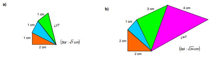 Ejercicio 9.- Hllr, en ls construcciones de l figur bse de triángulos rectángulos, l longitud de los segmentos indicdos, dejndo el resultdo en form de ríz: Ejercicio 9.- Ejercicio 10.- Ejercicio 11.