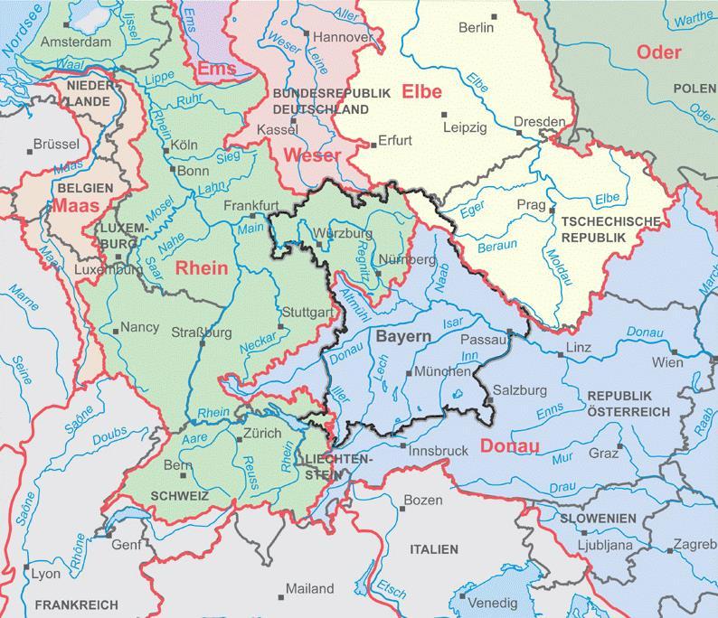 Baviera en el Marco Europeo de Politíca de Aguas Cuencas europeas que conciernen a Baviera Rio DANUBIO RIN ELBA Área de Baviera total: 71.