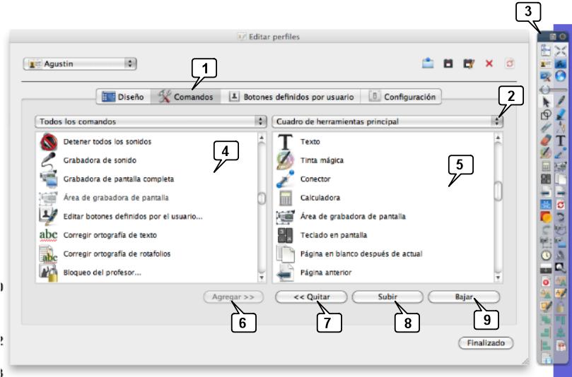 1. Pestaña Comandos de Editar perfiles, en la que se configura el cuadro principal de herramientas (3) 2.
