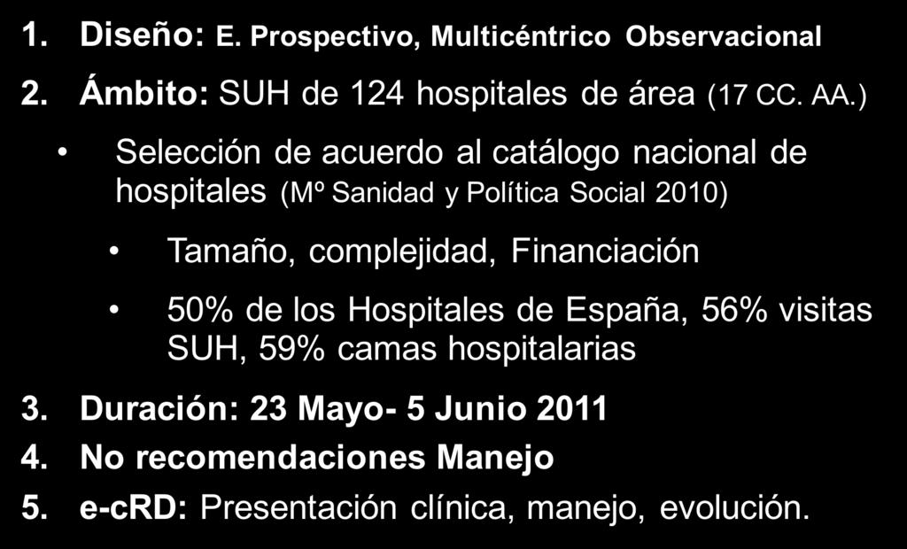 Metodología 1. Diseño: E. Prospectivo, Multicéntrico Observacional 2. Ámbito: SUH de 124 hospitales de área (17 CC. AA.