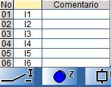 - Sitúe el puntero del ratón en el icono Entradas DIG de la esquina inferior izquierda: Aparecerá una tabla con los distintos contactos posibles (I1 à IE).
