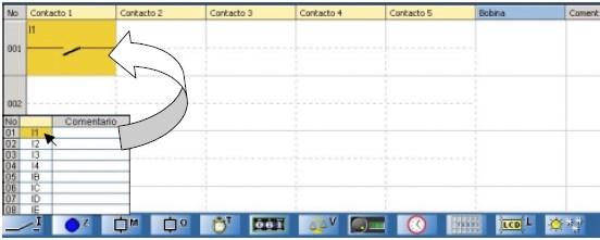 Suelte el botón: el contacto I1 se ha colocado. - Sitúe, a continuación, el puntero del ratón en el icono Salidas DIG parte inferior: Aparecerá una tabla con los distintos contactos o posibles.