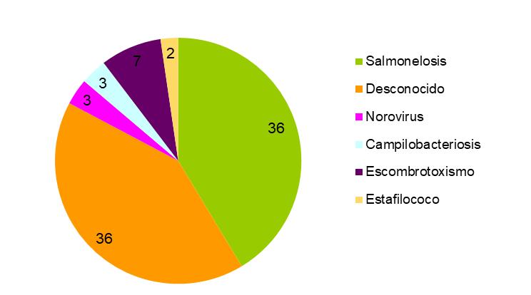 3.4. AGENTE CAUSAL De los 87 brotes de Toxiinfección Alimentaria, en el 41,4% (36) se detectó Salmonella como agente causal, siendo la Salmonella serogrupo D la más frecuente seguida de la Salmonella