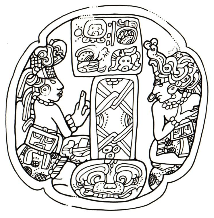 35 Figura 1.21: Detalle de un cráneo de pecarí inciso proveniente de Copán. Probablemente una escena del ritual atado de la piedra. Dibujo de Barbara Fash, tomado de Stuart 1996:156.