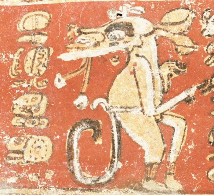 76 el caso del Museo Popol Vuh, el único jeroglífico legible es el morfema wahy. En el ejemplo que encontramos en la vasija K2023, el personaje está asociado al topónimo uhx witz.