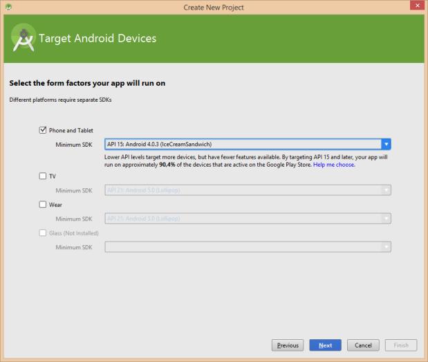 Seleccionamos Phone and Tablet Minimun SDK: API 15: Android 4.0.