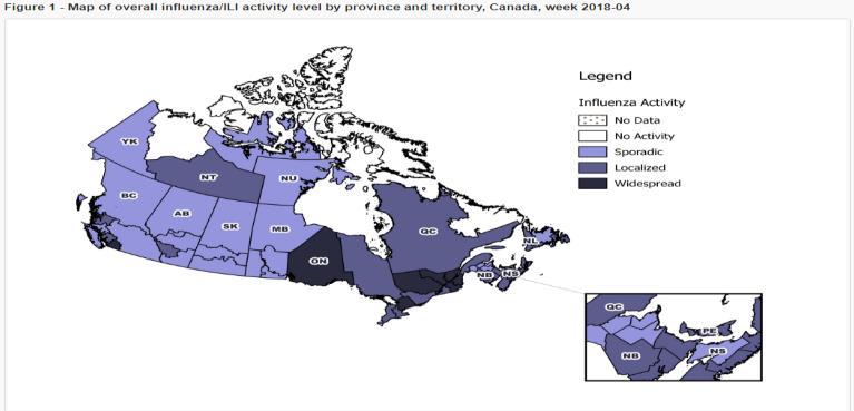 Canada: Cumulative number of influenza positive samples by type and age, 2018, EW 4 / Número acumulado de muestras positivas para influenza por tipo de influenza y edad, 2018. SE 4 Graph 6.