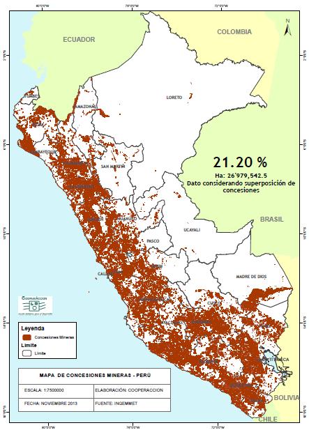 Mapa de Concesiones Mineras Hasta noviembre del 2013 más de 26 979,542.5 hectáreas del territorio nacional están concesionados, lo que representa el 21.20% del territorio nacional.