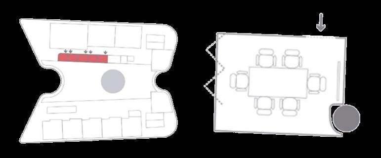 Salas de trabajo Salas en el piso 3 Propósito y usos: 8 salas de trabajo con paredes móviles que permiten unificar dos o más salas de ser necesario.