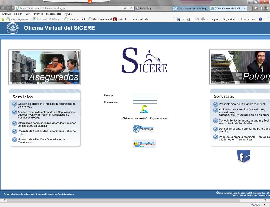 Portal transaccional de la CCSS Como parte de la integración de los servicios del SINPE la CCSS también incorporó la opción de autenticarse en el sitio