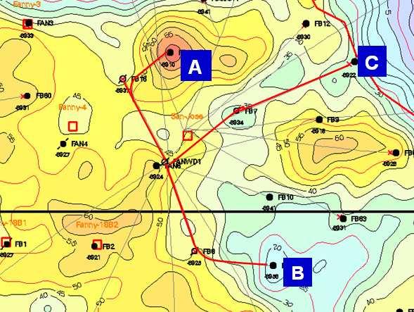 18 2.3.1.2 Mapas Isópacos Para la arena M 1 en el Campo Fanny las variaciones de espesor van de 0 a 85 pies.