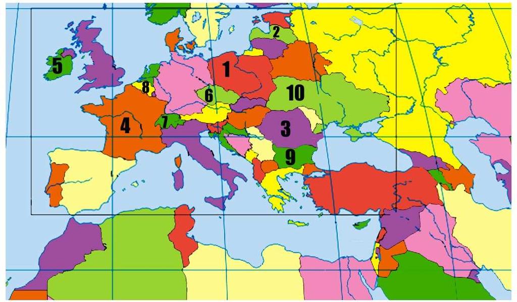 1.3. Observa el mapa y sitúa correctamente utilizando la tabla adjunta cada uno de los países que aparecen mencionados en el texto.