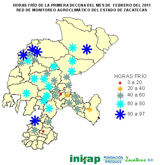 Red de monitoreo agroclimático del estado de Zacatecas febrero, en promedio se registraron 149 HF, variando desde 4 HF en la estación Santo Domingo, Jalpa hasta 240 en la estación Momax, Momax