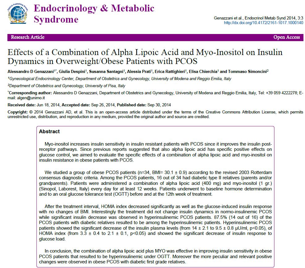 ÁCIDO a-lipoico + MIOINOSITOL Pacientes SOP + sobrepeso/ob (n=34) Lipoico + mioinositol, 12 semanas Valoración de: Parámetros de sensibilidad a la insulina Resultados: Reducción índice HOMA Reducción