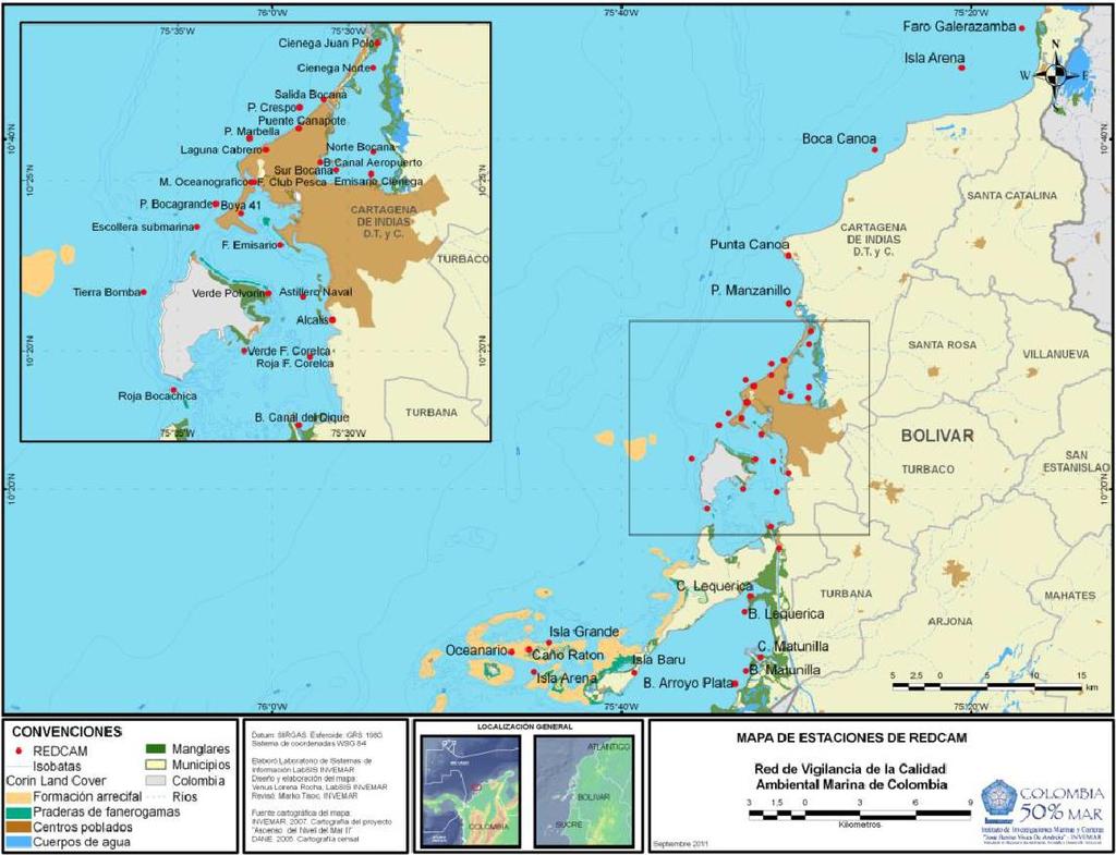 Figura 1: Distribución de Estaciones de muestreo de la REDCAM, Caribe colombiano. Fuente: REDCAM. Diagnóstico y evaluación de la calidad ambiental marina en el Caribe y Pacífico colombiano. 2012.