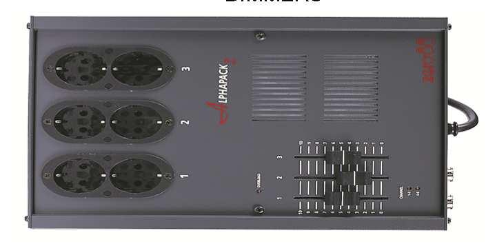 Referencia DIMMERS IZ881101100 Alpha Pack 3 módulo de 3 canales de dimmers con fusible de 6,3 amps, con 3 potenciómetros, entrada de señal 0+10V y DMX, salida schuko, medidas 85x240x315 mm, peso