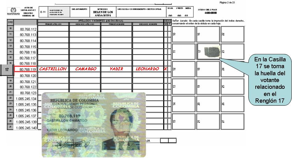 3 Registro del votante En seguida, otro jurado busca en el Registro General de Votantes E-11, el número de la cédula de ciudadanía y frente a dicho número anota los apellidos, nombres y sexo del