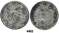 ....................................... 90, F 4460 1691. Potosí.. 8 reales. (Cal. 377). Grieta. (MBC). Est. 250.................. 150, CARLOS III, Pretendiente (1700-1714) 4461 1709. Barcelona.