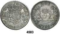 Est. 25.... 15, F 4582 1763. México. M. 2 reales. (Cal. 1328). Columnario. Golpecitos. Escasa. MBC. Est. 30.... 18, F 4583 1765. México. M. 2 reales. (Cal. 1330).
