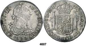 4604 1781. Potosí. PR. 4 reales. (Cal. 1188). Limpiada. (MBC-). Est. 70................ 40, 4605 1765. Lima. JM. 8 reales. (Cal. 841).