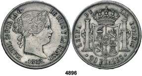 F 4896 1862. Madrid. 20 reales. (Cal. 184). Limpiada. (MBC). Est. 60................... 40, 4897 1864.