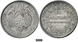 F 5099 1872. Potosí. FE. 1 boliviano. (Kr. 160.1). La L de LA acuñada sobre una E. Rara.