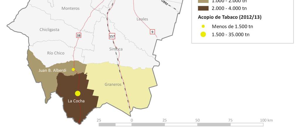 De acuerdo al análisis territorial, la producción tabacalera se concentra al sur de la provincia. 13 Los acopios se ubican en los departamentos de J.