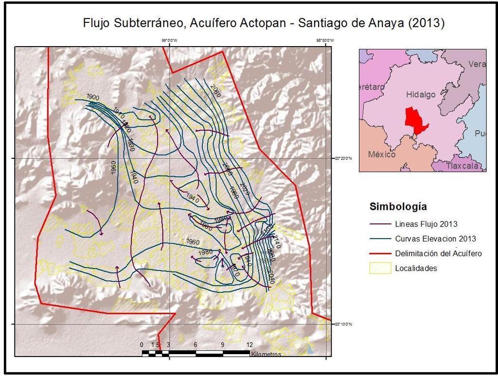 Figura 4. Flujo Subterráneo, Acuífero Actopan Santiago de Anaya (2013). (Fuente propia).