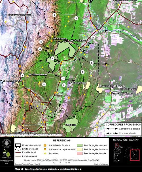Figura 19. Corredores de paisaje y riparios propuestos en la estrategia de conectividad del Plan de Gestión del Parque Nacional Calilegua.