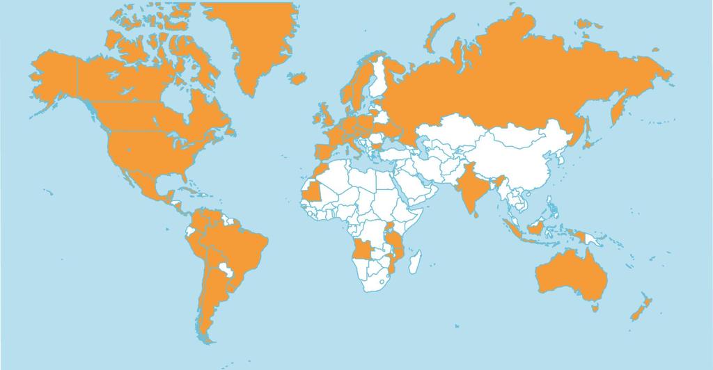Coloreados los países de procedencia de los ponentes en