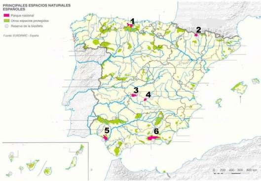Sagrado Corazón Geografia de España 8 a) Identifique y dé nombre a los espacios protegidos con categoría de Parque Nacional, enumerados del 1 al 6.