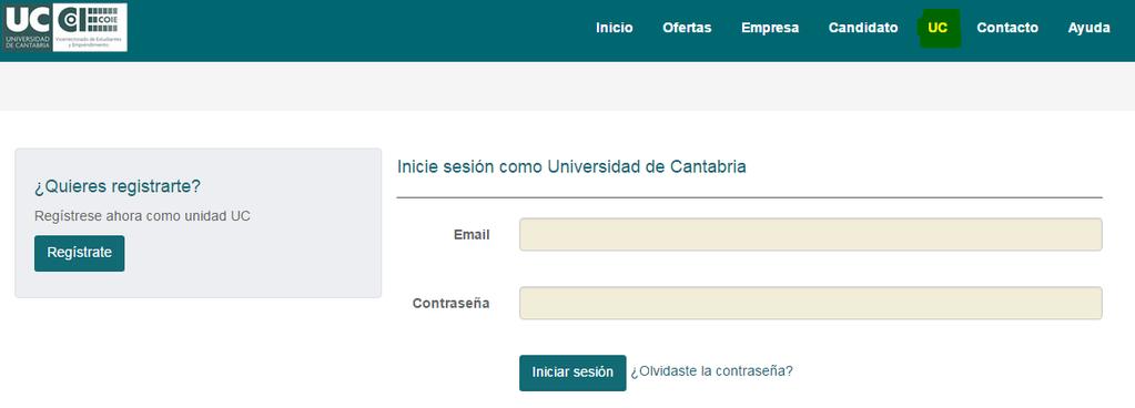 2. REGISTRO Y ACCESO Para entrar como Departamento, Servicio o Unidad de la Universidad de Cantabria debe hacer click sobre el enlace UC situado en el margen superior.