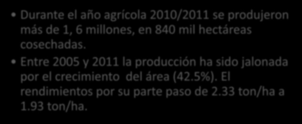 Entre 2005 y 2011 la producción ha sido jalonada por el crecimiento del área (42.5%).
