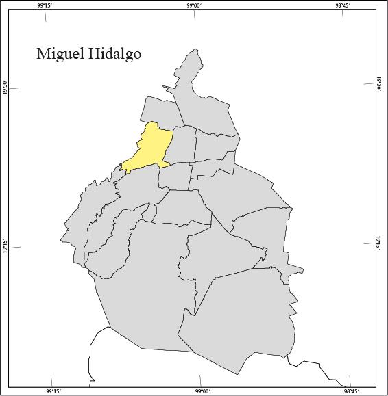 II. Características Geográficas e Históricas La Delegación Miguel Hidalgo se localiza al noroeste del Distrito Federal. Cuenta con una extensión territorial de aproximadamente 46.39 km 2.