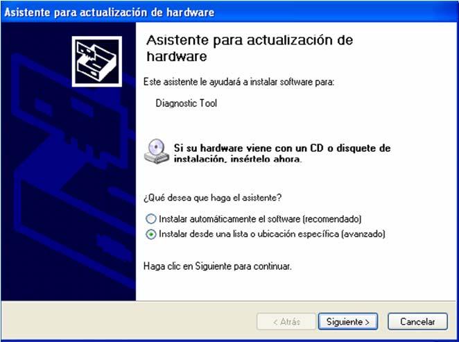 Instrucciones de instalación Windows USB driver para Interface Instalación Cuando se conecta por primera vez una interfaz de diagnóstico a un ordenador con sistema operativo Windows 98, ME, XP, o