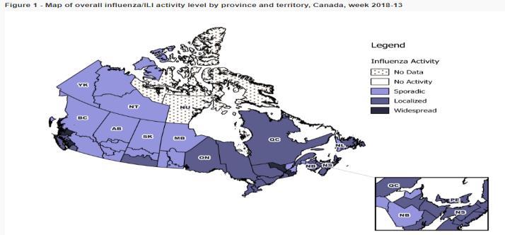 North America- América del Norte Graph 3. Canada: Percentage of ILI visits by sentinel sites, EW 35 2017 EW 13, 2018 / Porcentaje de casos de ETI por sitio centinela, SE 35 2017 SE 13, 2018. Graph 4.