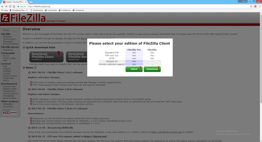 MÓDULO 1: Descarga e instalación del FileZilla Figura 4 Selección de Edición del FileZilla Client Paso 4: En esta figura se despliega dos opciones Filezilla PRO y FileZilla, Seleccionar el