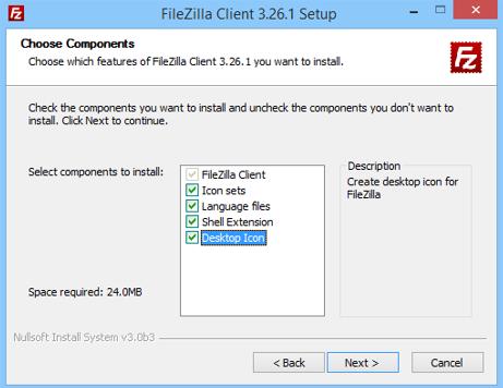 MÓDULO 1: Descarga e instalación del FileZilla Paso 13: Selección de componentes A continuación, debe elegir qué partes del cliente FileZilla desea instalar.
